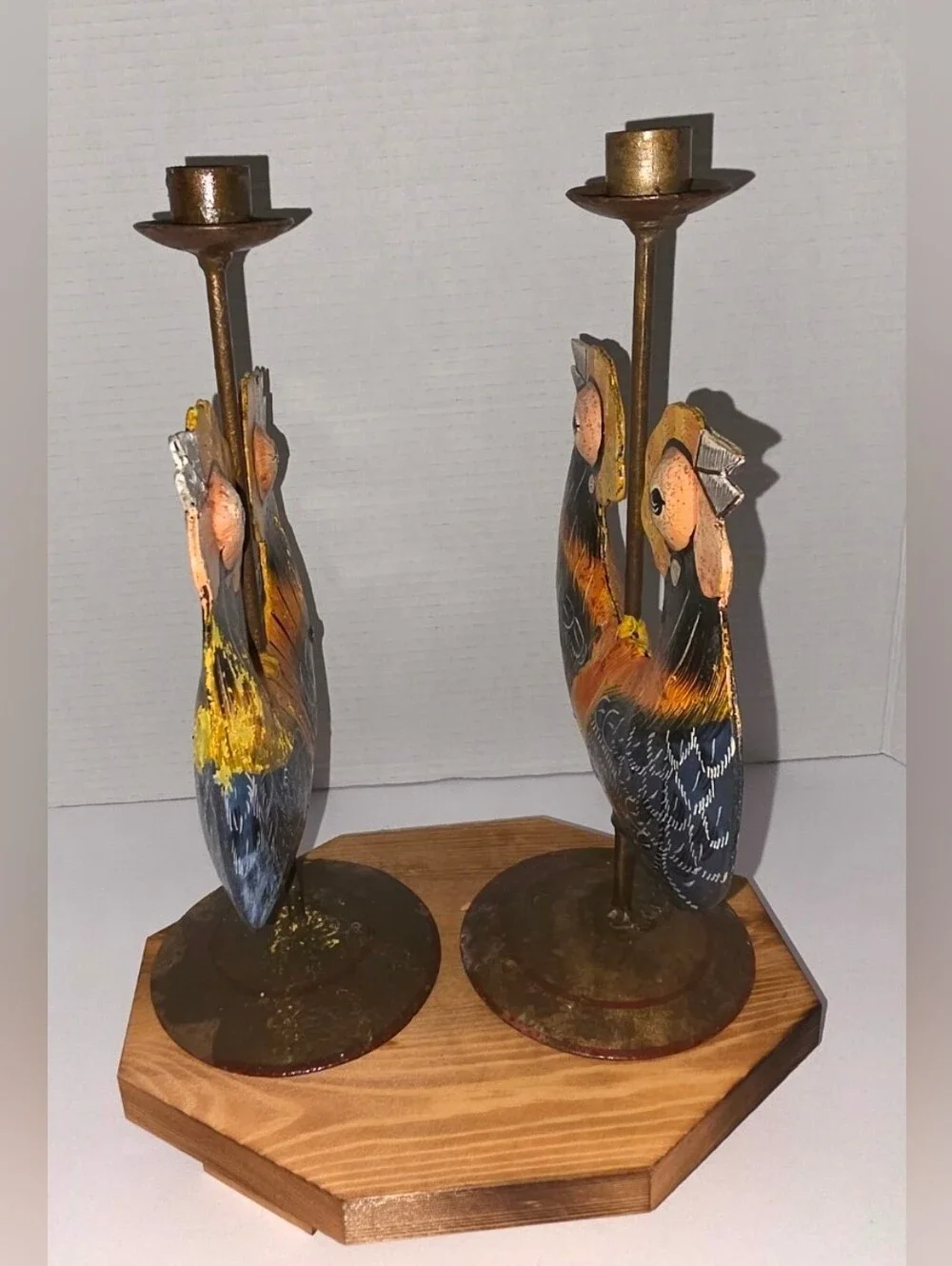 Folk Art Metal Rooster  Farmhouse Cottagecore Candlestick VTG Ser Of 2